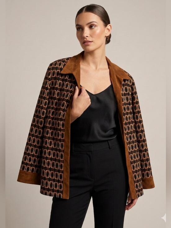Jackets & Blazers - 5 For $25✨️ Brown Suede Collard Printed Open Front Jacket Size Medium Like New